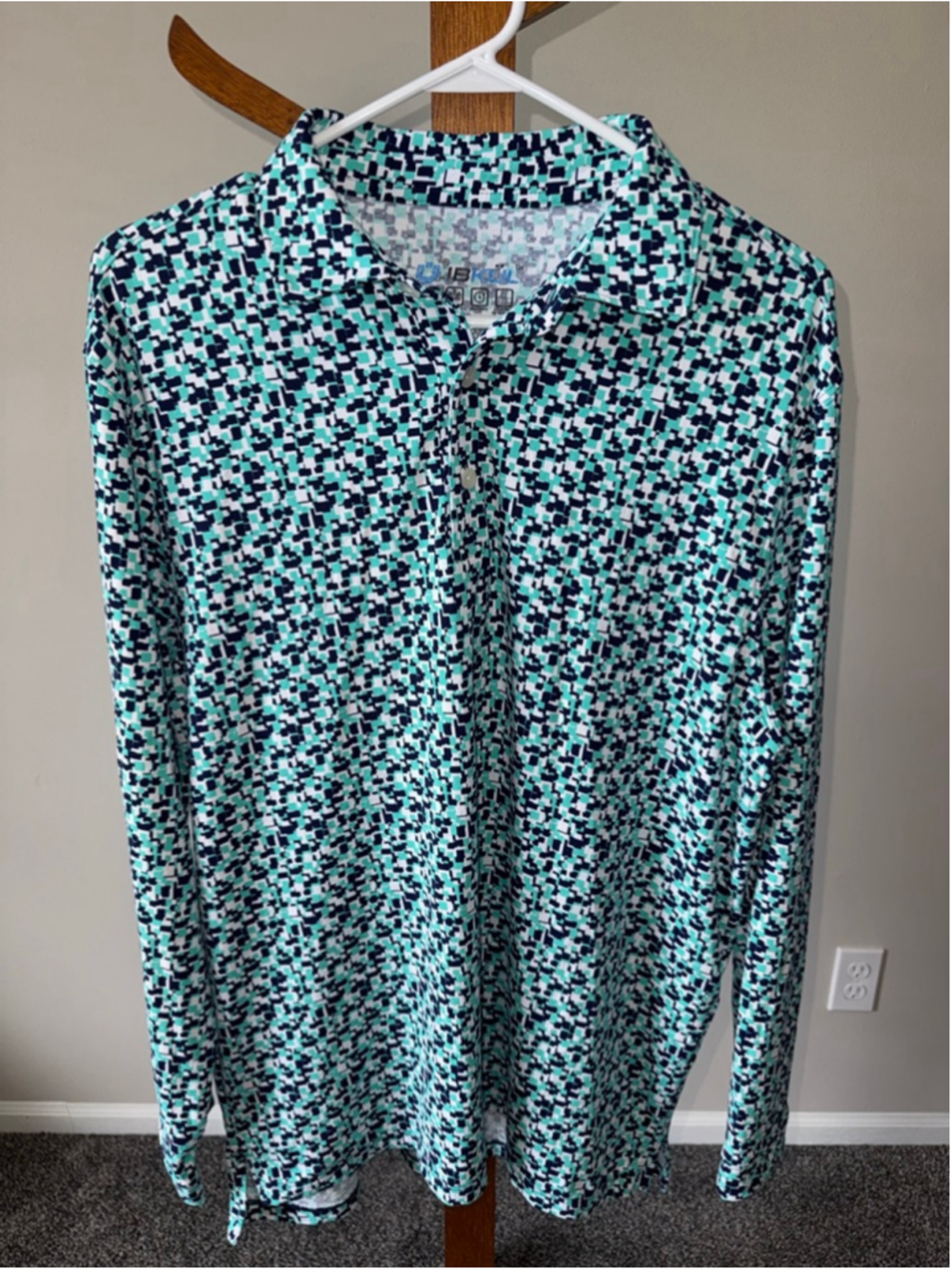 Men's IBKUL Long Sleeve Tee L Teal Navy Geometric